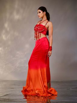 Tussya by Shreya - Red Mrigya Bustier And Skirt With Crystal Bralette