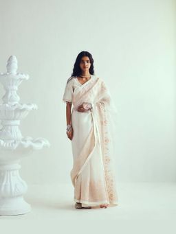 WABI SABI by Anshum-Ritesh - Ivory Organza Silk Saree With Stitched Blouse with Stitched