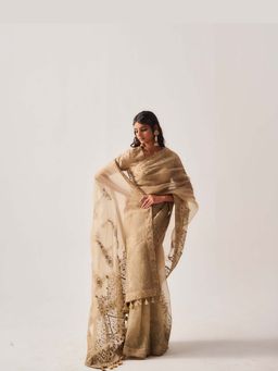 WABI SABI by Anshum-Ritesh - Beige Organza Silk Saree With Stitched Blouse with Stitched