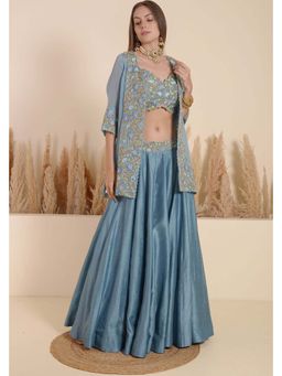 SURABHI ARYA - Blue Silk V-Neck Jacket With Blouse And Skirt