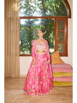 SURABHI ARYA - Pink Organza Square Neck Jacket With Blouse And Skirt