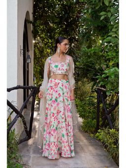 SURABHI ARYA - White Silk Round Neck Lehenga With Blouse And Dupatta