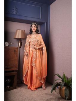 SURABHI ARYA - Orange Silk V-Neck Blouse With Skirt And Cape