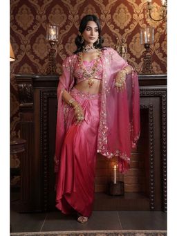 SURABHI ARYA - Pink Silk V-Neck Blouse With Skirt And Cape