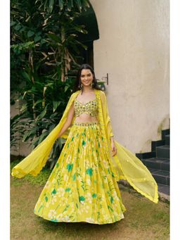 SURABHI ARYA - Yellow Crepe Square Neck Lehenga With Bustier And Dupatta