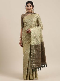 Sareemall - Women Silk Blend Olive Woven Design Saree with Unstitched Blouse Piece