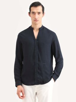 Rare Rabbit - Men Black Solid Linen Blend Regular Fit Shirt