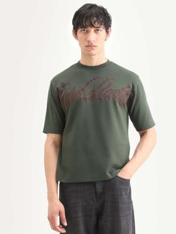 Rare Rabbit - Men Olive Embroidered Relaxed Fit Crew Neck T-shirt
