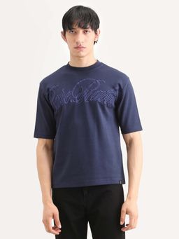 Rare Rabbit - Men Navy Blue Embroidered Relaxed Fit Crew Neck T-shirt