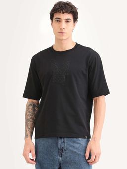 Rare Rabbit - Men Black Crew Neck Embroidered T-shirt