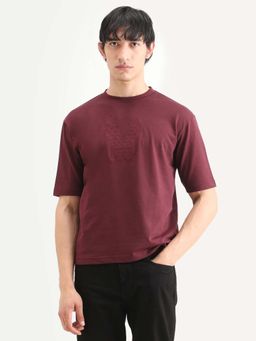Rare Rabbit - Men Maroon Crew Neck Embroidered T-shirt