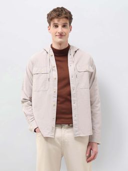 U.S. Polo Assn. Denim Co. - Men Beige Solid Loose Fit Hooded Shirt