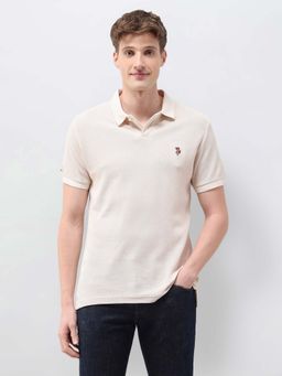 U.S. Polo Assn. Denim Co. - Men Cream Textured Slim Fit Polo T-shirt