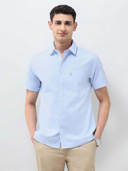 U.S. POLO ASSN. - Men Blue Tailored Fit Oxford Half Sleeves Shirt