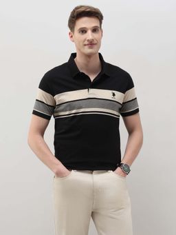 U.S. POLO ASSN. - Men Black Horizontal Striped Slim Fit Polo T-shirt