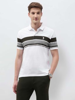 U.S. POLO ASSN. - Men White Horizontal Striped Slim Fit Polo T-shirt