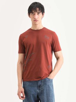 Rare Rabbit - Men Rust Crew Neck Printed T-shirt