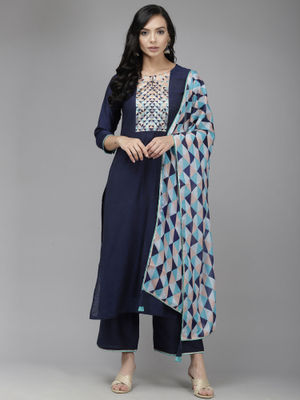 Indo Era Navy Blue Solid Straight Kurta Palazzo With Dupatta Set