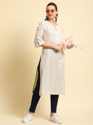Women White Stripe Printed Kurti