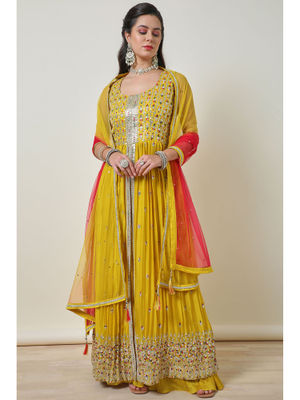 Women Yellow Georgette  Embroidery Work Kurta Set With Dupatta