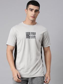 Classic Polo - Men's Grey Crew Neck Slim Fit Typography Polyester T-Shirt