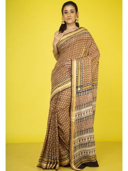 Unnati Silks - Brown Pure Block Printed Superfine Mulmul Cotton Saree with Unstitched Blouse