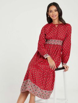 Styli - Red Long Sleeves Paisley Print Midi Dress