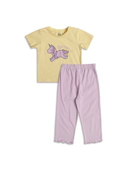 MINI KLUB - Cotton Half Sleeves Printed T-Shirt with Pyjama- Yellow with Lavender
