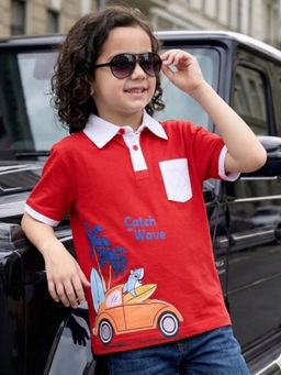 Tiny Bugs - Boys Printed Polo T-Shirt-Red