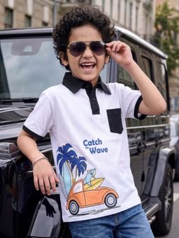 Tiny Bugs - Boys Printed Polo T-Shirt-White