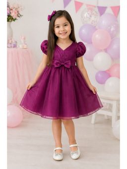The Magic Wand - Puff Sleeves Bodice Pleated Dress with Bow Applique-Wine