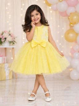 The Magic Wand - Sleeveless Embroidered Lace and Bow Applique Tulle Glitter Dress-Yellow