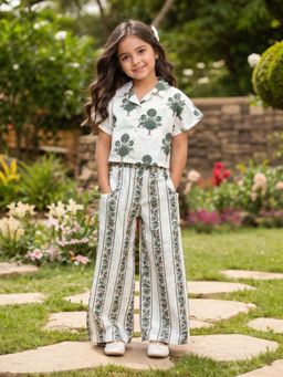 The Magic Wand - Cambric Cotton Half Sleeves Stripes Floral Printed Shirt with Pant-White