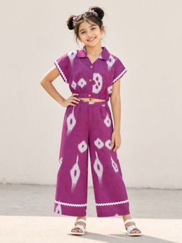 The Magic Wand - Cambric Cotton Half Sleeves Ikat Printed Co-Ord Set-Purple
