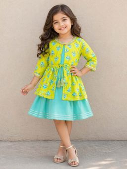 The Magic Wand - Floral Printed Flared Dress with Floral Printed Laced Shrug-Turquoise