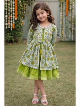 The Magic Wand - Solid Flared Dress and Floral Printed Laced Shrug-Green