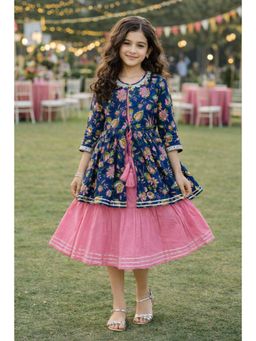 The Magic Wand - Solid Flared Dress Floral Printed Laced Shrug- Pink