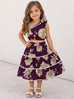 The Magic Wand - Cotton One Shoulder Floral Co-Ord Set-Plum