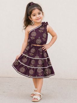 The Magic Wand - Cotton One Shoulder Floral Printed Co-Ord Set-Wine