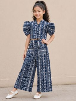 The Magic Wand - Cambric Cotton Ruffle Sleeves Paisley Printed Shirt with Pant-Navy Blue