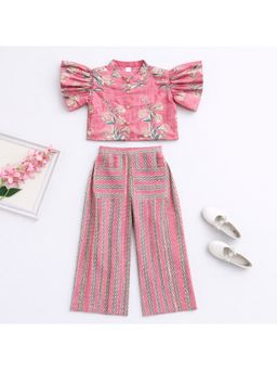 The Magic Wand - Cambric Cotton Ruffle Sleeves Floral Printed Shirt with Pant-Coral
