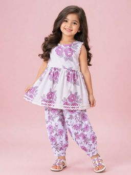 The Magic Wand - Cambric Cotton Sleeveless Floral Printed Kurta with Salwar- Purple