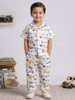 The Magic Wand - Cotton Half Sleeves Vehicle Printed Shirt with Pyjama-White