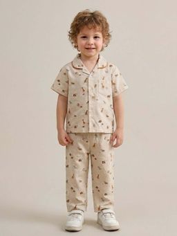 The Magic Wand - Cotton Half Sleeves Printed Zoo Theme Shirt with Pyjama-Off White