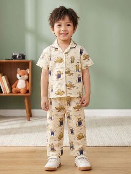 The Magic Wand - Cotton Half Sleeves Animals Printed Shirt with Pyjama-Off White