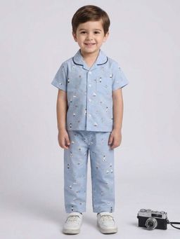 The Magic Wand - Cotton Half Sleeves Coastal Theme Shirt with Pyjama-Blue