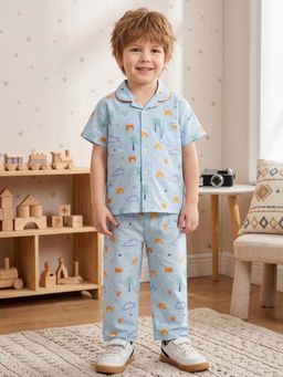 The Magic Wand - Cotton Half Sleeves Tropical Theme Shirt with Pyjama-Blue