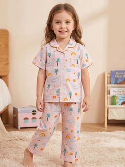 The Magic Wand - Cotton Half Sleeves Tropical Theme Shirt with Pyjama-Pink