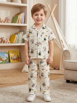The Magic Wand - Cotton Half Sleeves Animal Printed Shirt with Pyjama-Off White