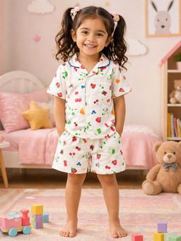 The Magic Wand - Cotton Half Sleeves Fruits Printed Shirt with Shorts-White